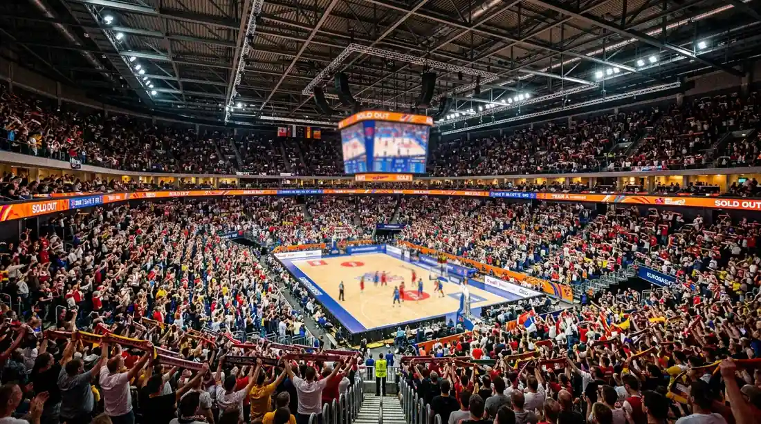 Pabellón lleno de espectadores durante un partido de la Euroliga de baloncesto